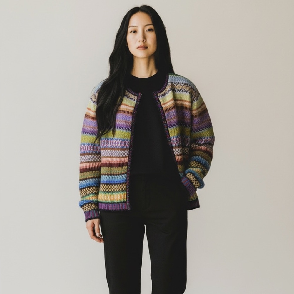 Handmade Fair Isle Sweater Knit Rainbow Button Down Knit Cardigan Medium Large